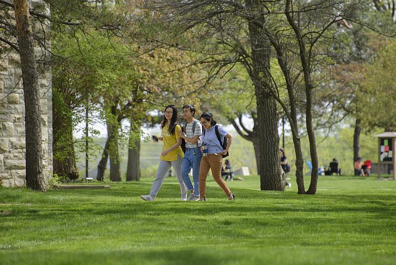 Beloit students stroll across the park-like campus at Beloit College.